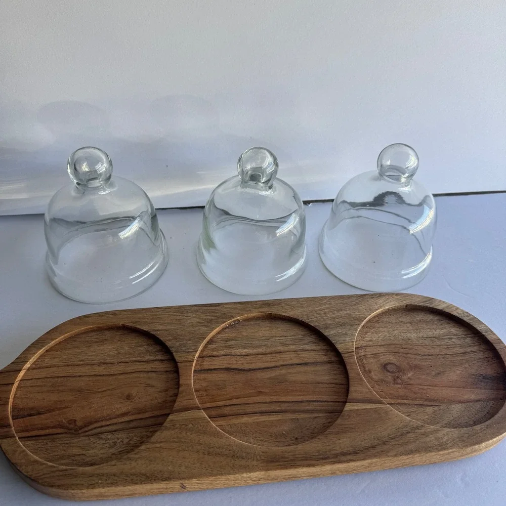 Unbranded Serving Board Set OS Brown Wood Glass Cloche Domes Farmhouse Boho 4pc